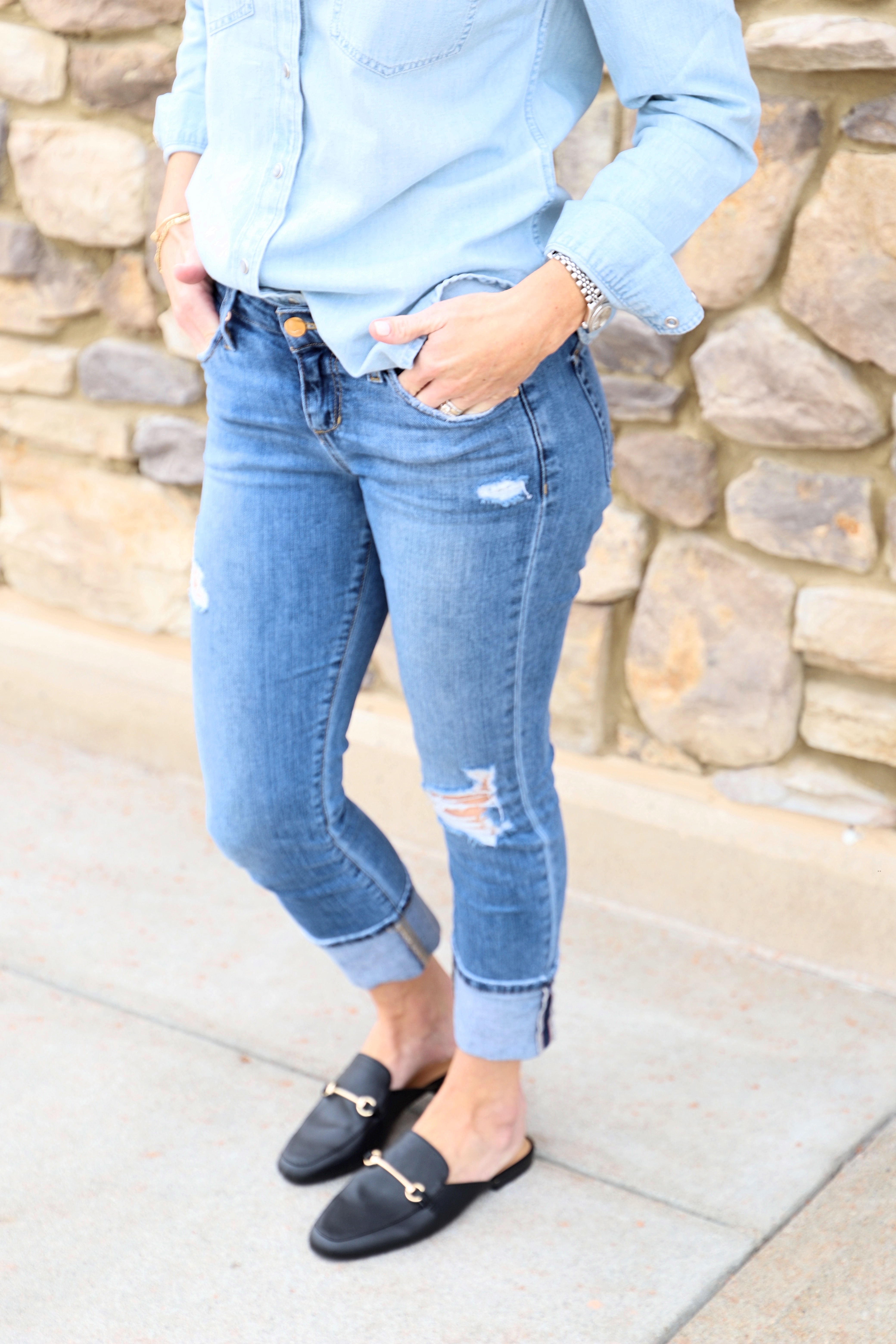 spring chambary shirt jcrew joes jeans black mules target spring outfits