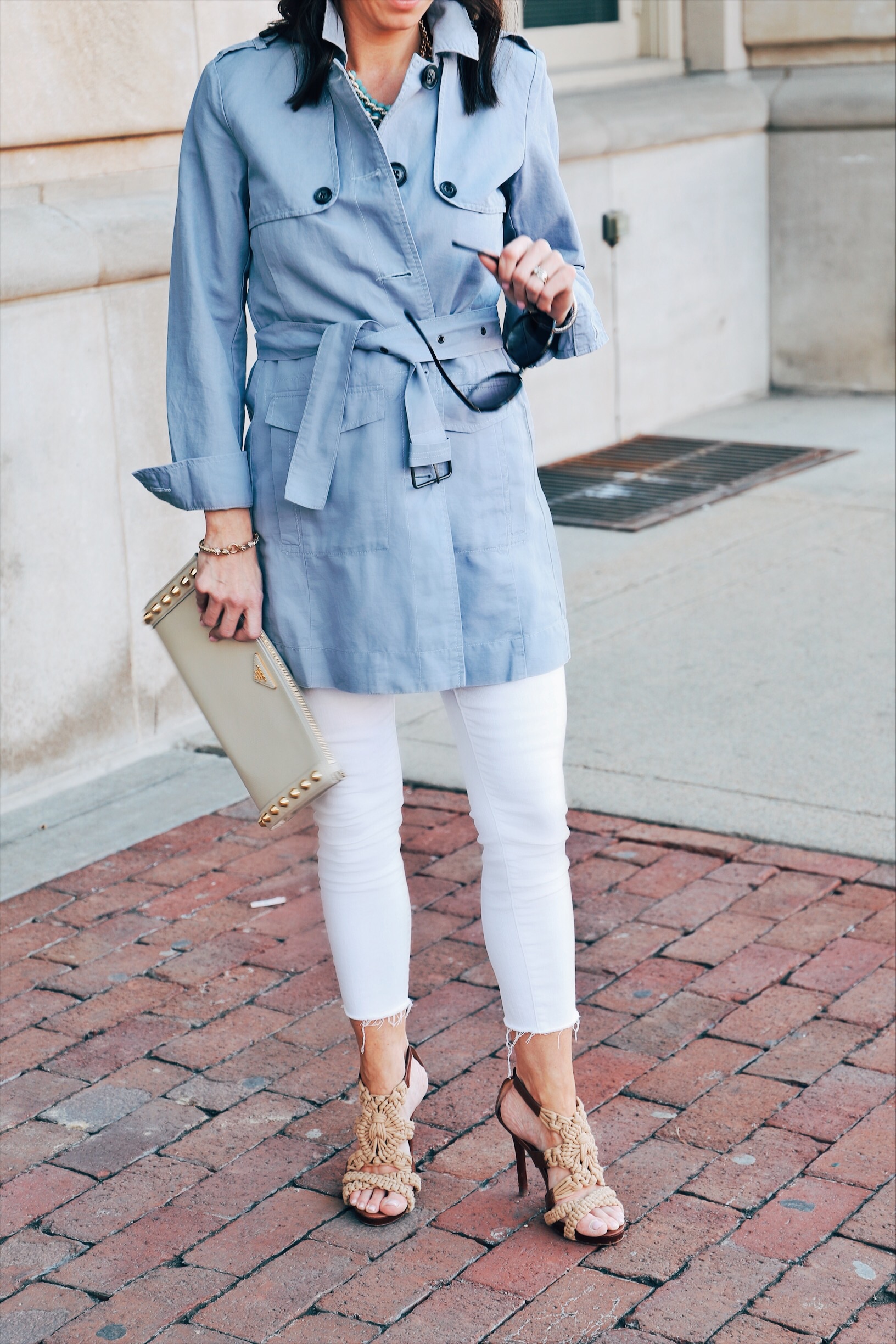 Ruffle Trim Top + Trench + White Jeans // www.tinystampede.com