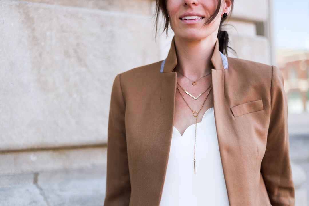 Camel Blazer x Jeans Fall Outfit J.Crew White scalloped Cami Gold Necklaces 