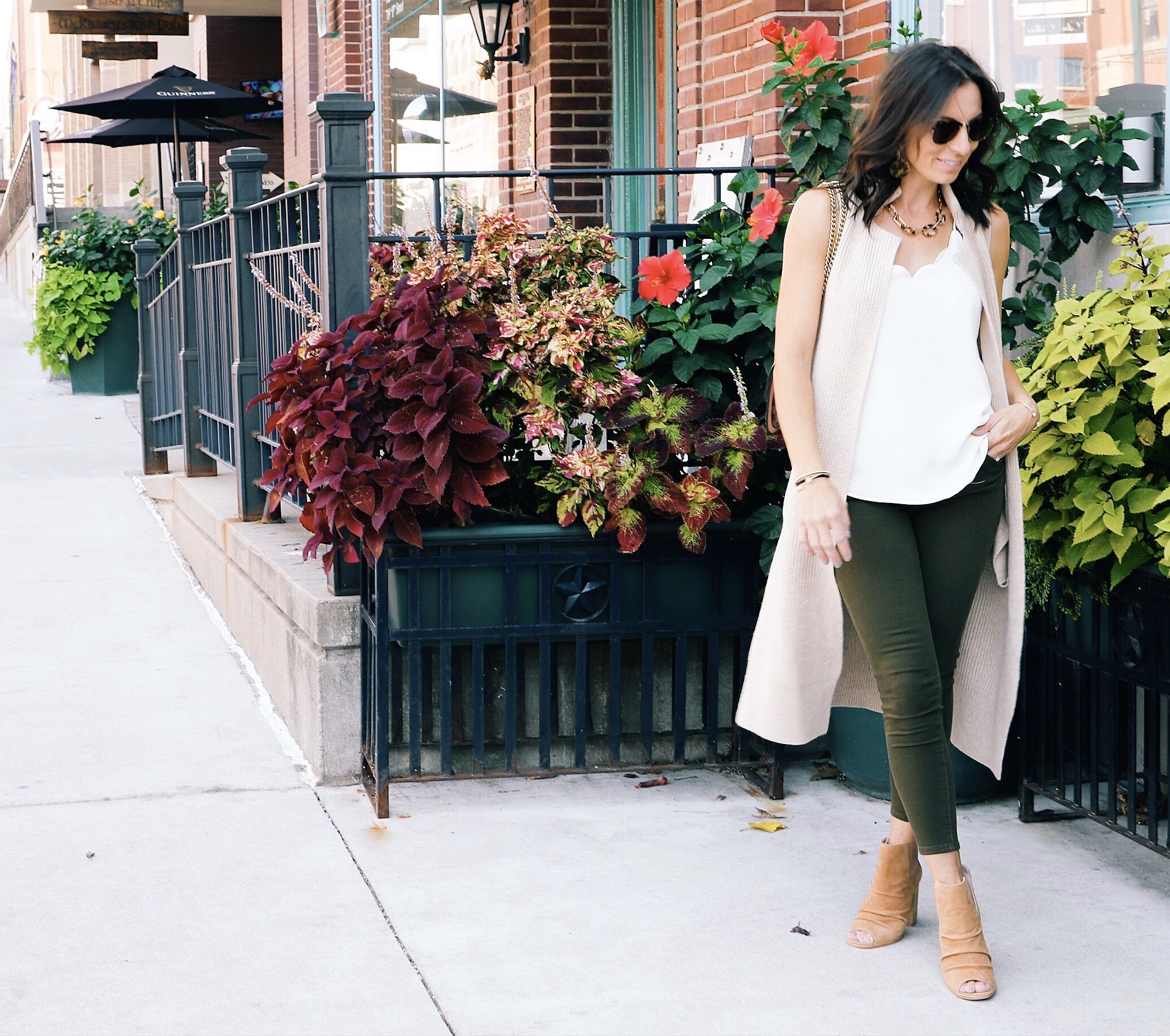 Fall Cardi x Olive Jeans Fall Outfit Ray Bans Resin Necklace Louis Vuitton White Cami