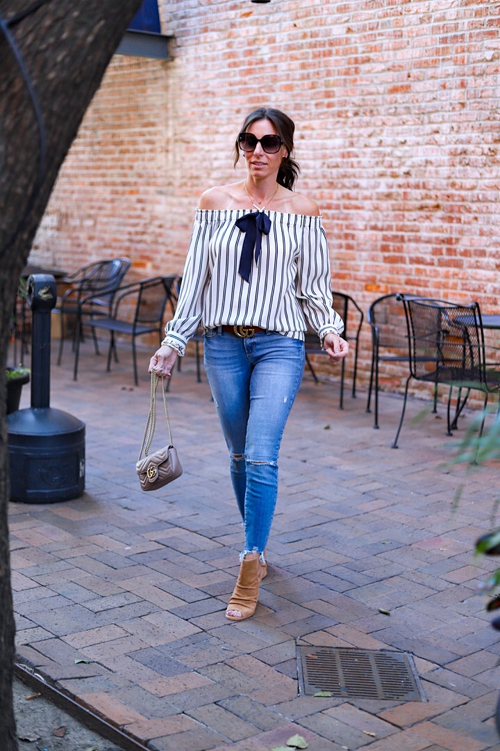 Off Shoulder Top x Jeans Fall Outfit J.Crew Paige Jeans Gucci Handbag Gucci Belt Kristin Cavallari Chinese Laundry Peep Toe Booties Letter Necklace