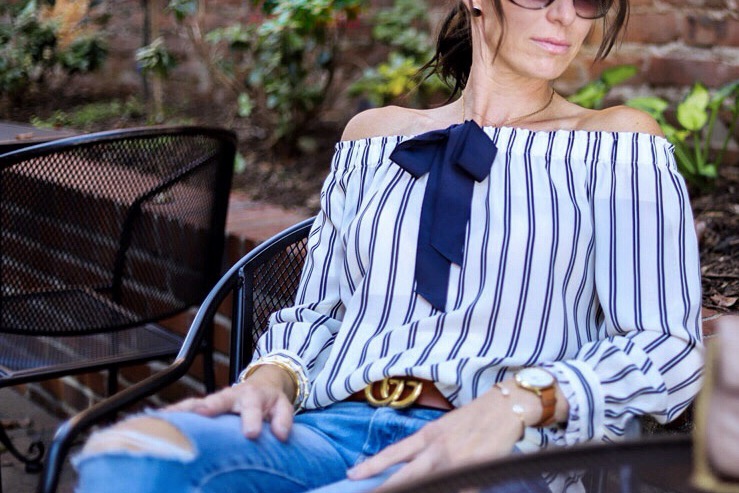Off Shoulder Top x Jeans Fall Outfit J.Crew Paige Jeans Striped Top Gucci Handbag Gucci Belt Target Sunnies Kristin Cavallari Chinese Laundry Peep Toe Booties Letter Necklace