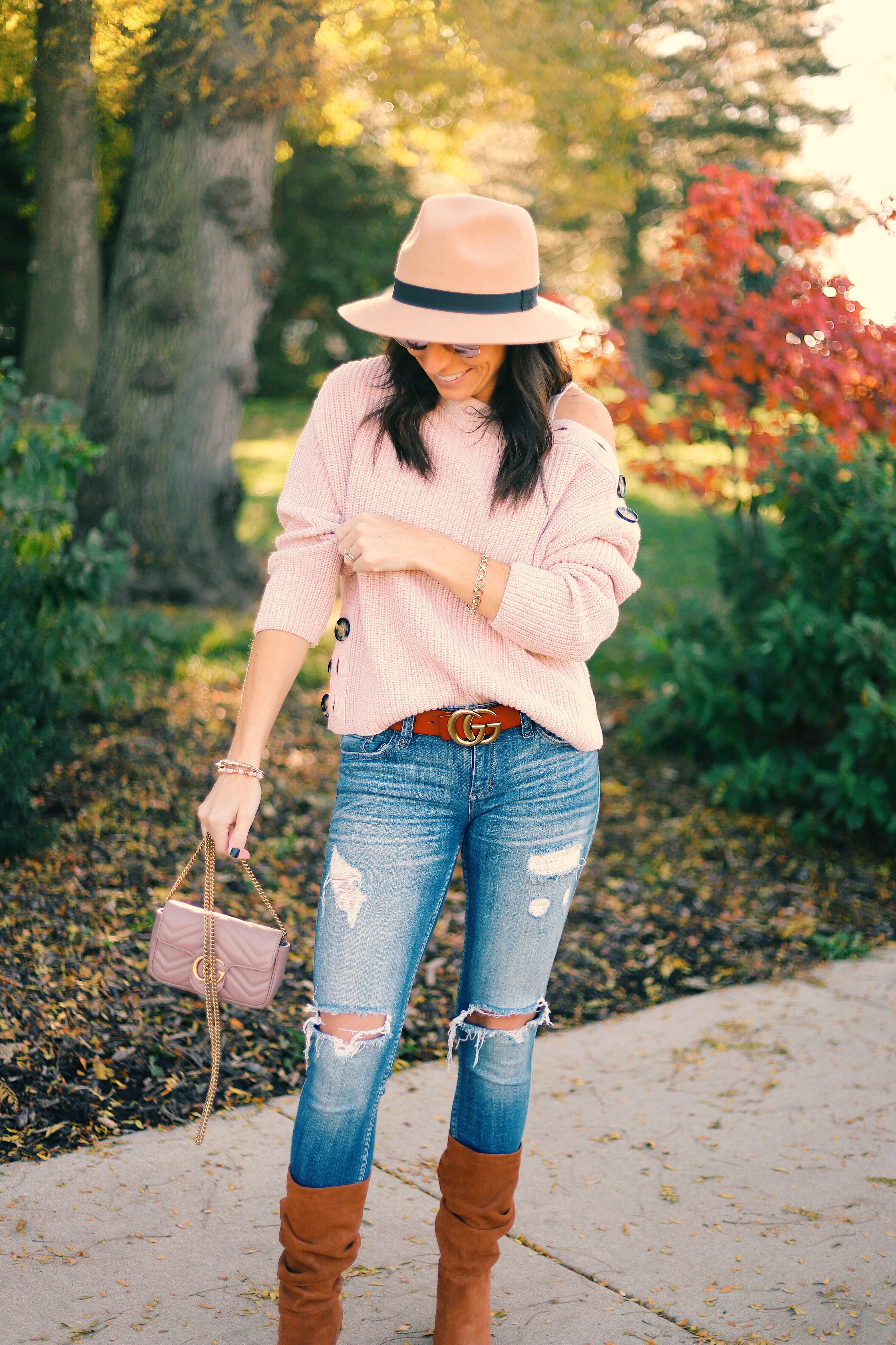 Button Shoulder Sweater Revolve Felt Hat Brown Gucci Belt Distressed Denim Brown Chinese Laundry Boots Gucci Purse