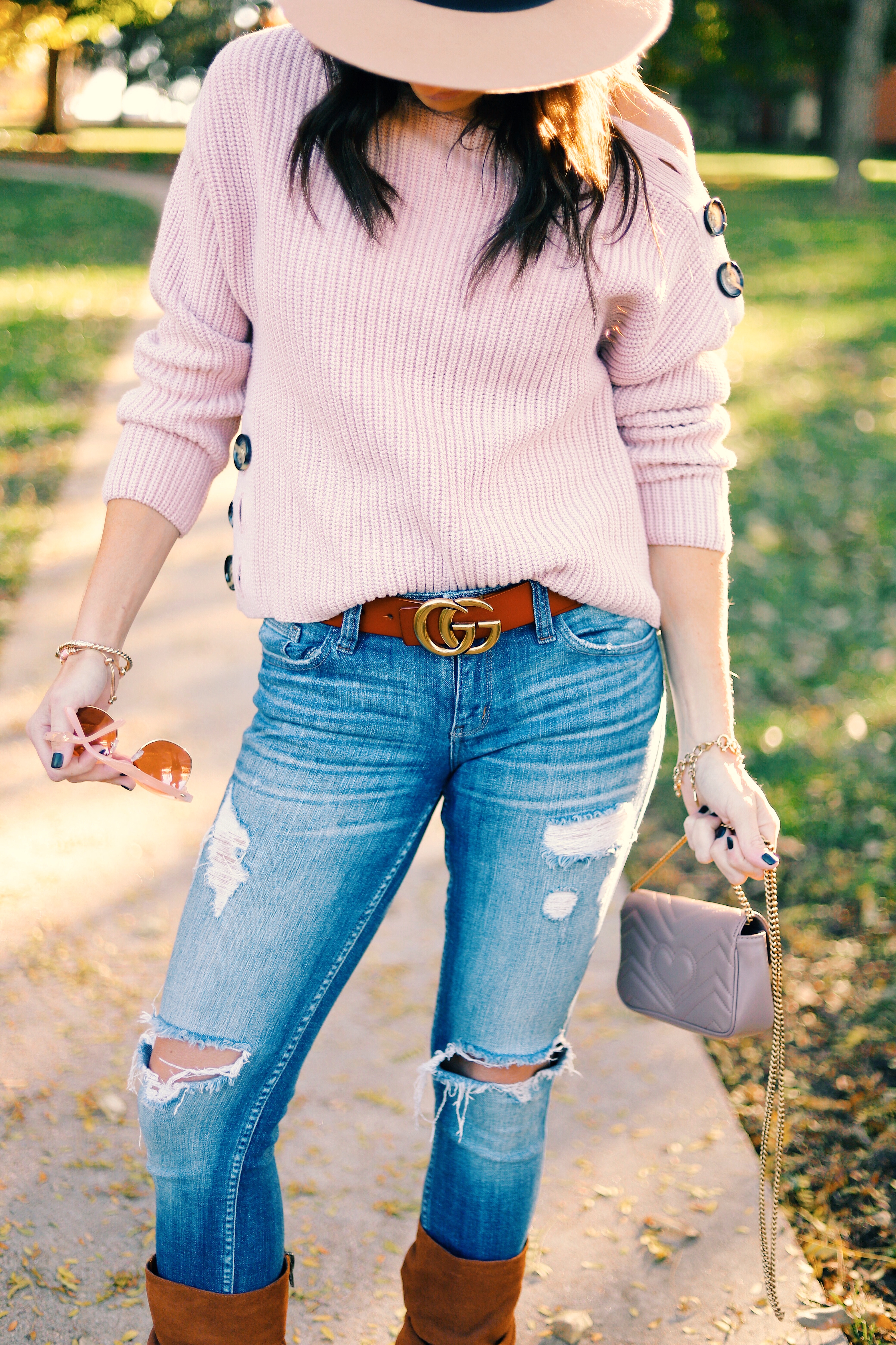 Button Shoulder Sweater Revolve Felt Hat Brown Gucci Belt Distressed Denim Brown Chinese Laundry Boots Gucci Purse