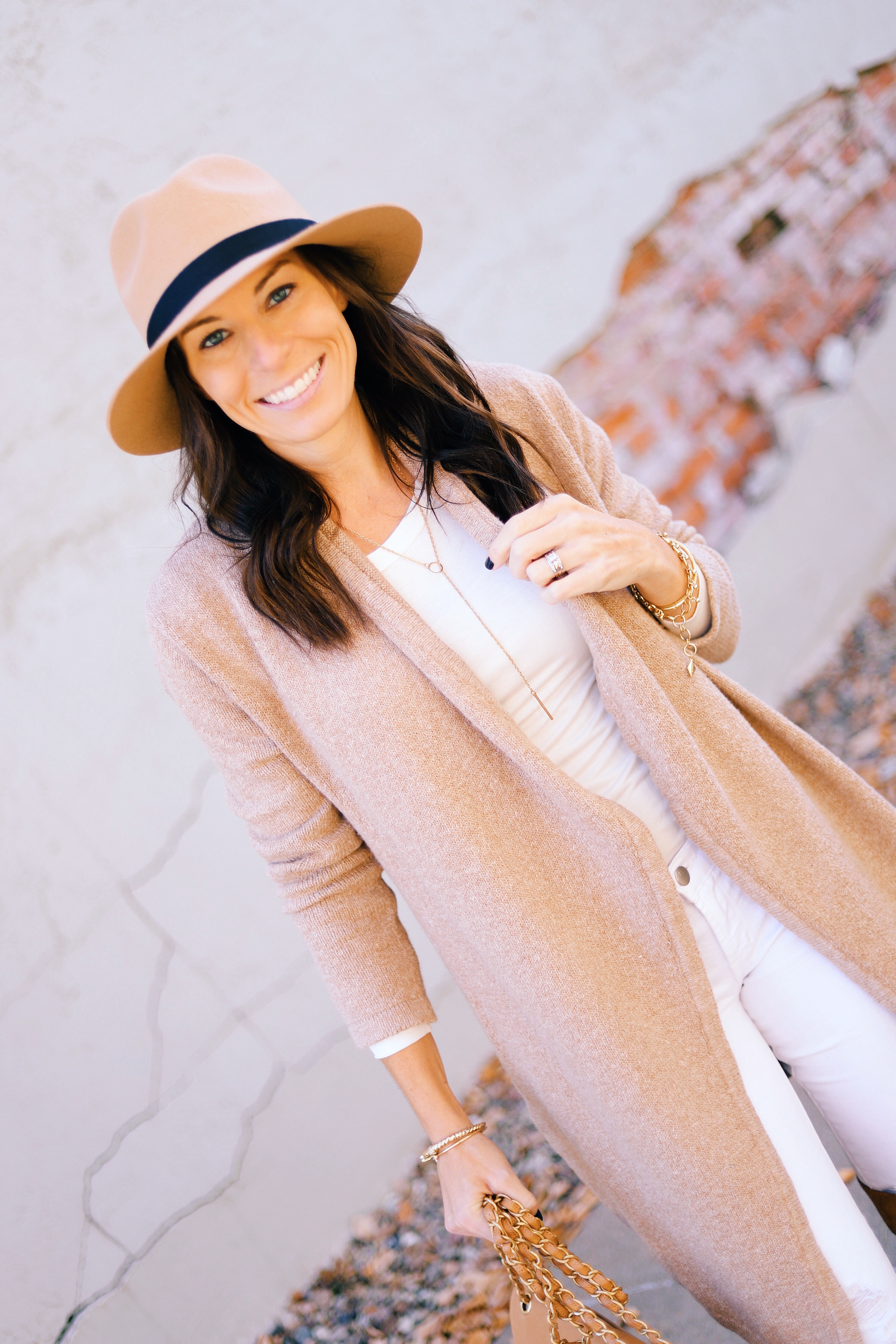 Long Camel Cardigan Outfit white pants J Brand Cupcakes and Cashmere Revolve Chanel Nordstrom Hat White Jeans Target Thermal Rocksbox Gold Necklace