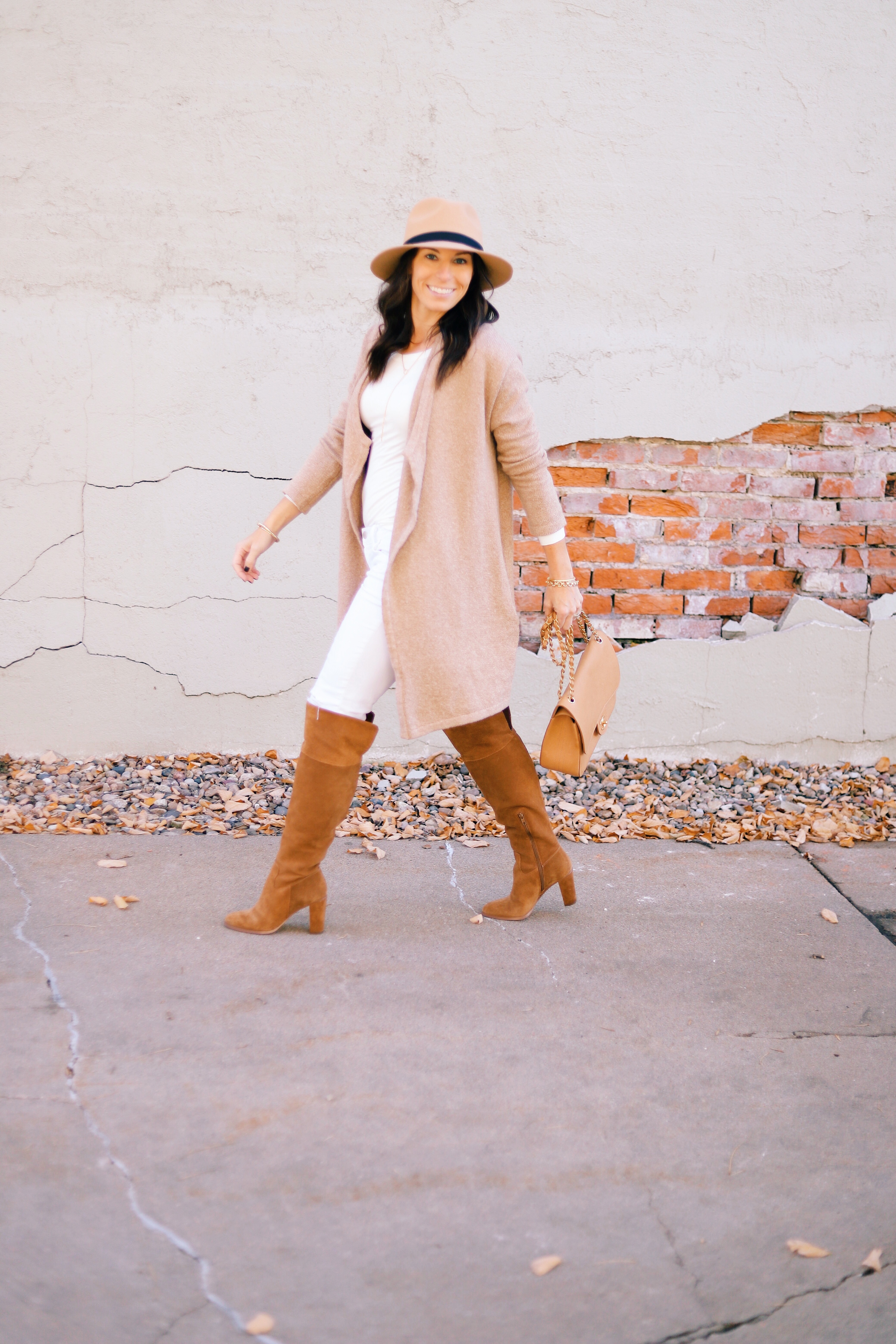 Long Camel Cardigan Outfit white pants J Brand Cupcakes and Cashmere Revolve Chanel Nordstrom Hat White Jeans Target Thermal Rocksbox Gold Necklace