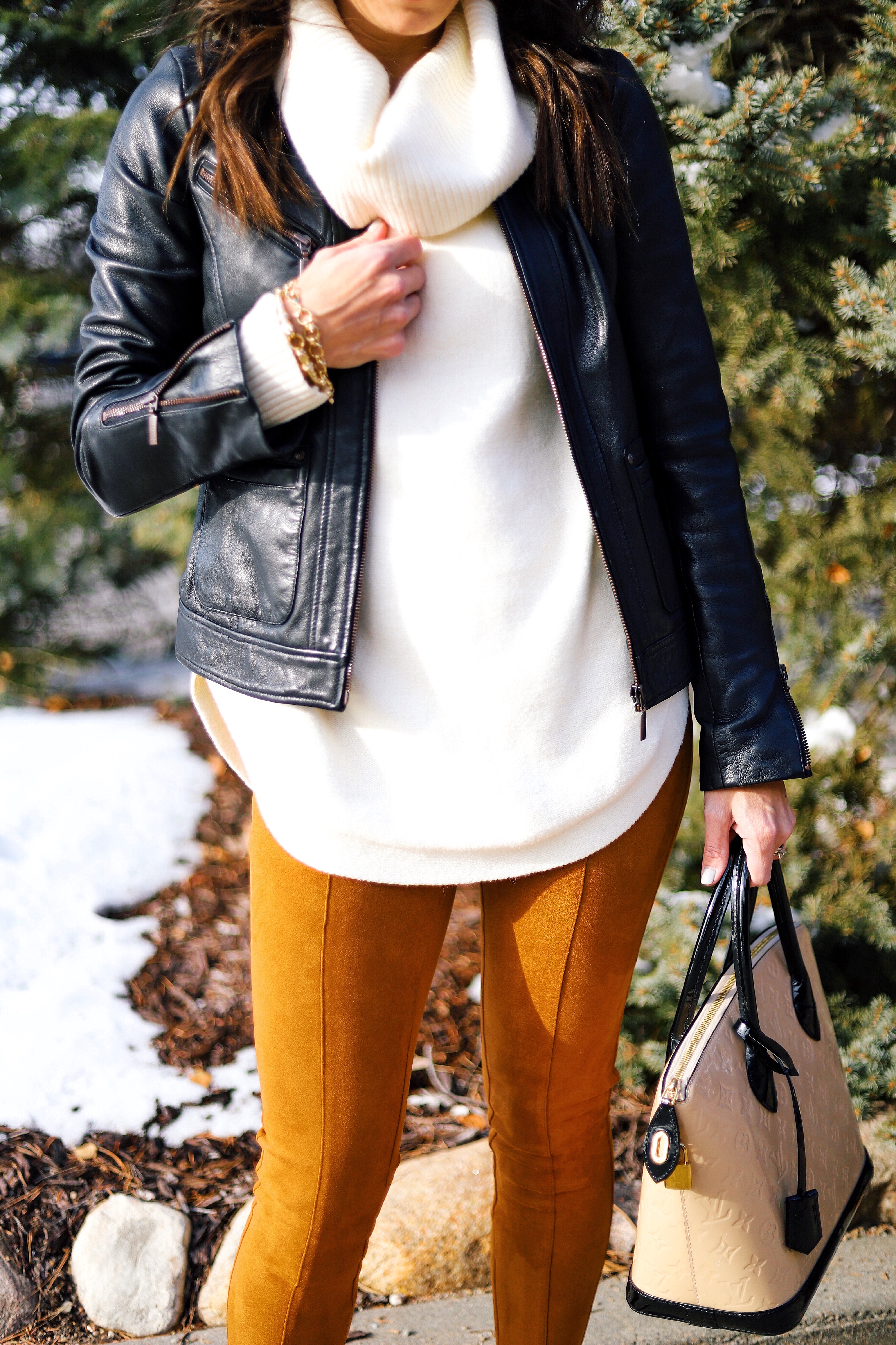 Cowl Neck Sweater + Faux Suede Leggings Anthropologie Camel Leggings Zippers Cowl Sweater Leather Jacket Nordstrom Louis Vuitton 