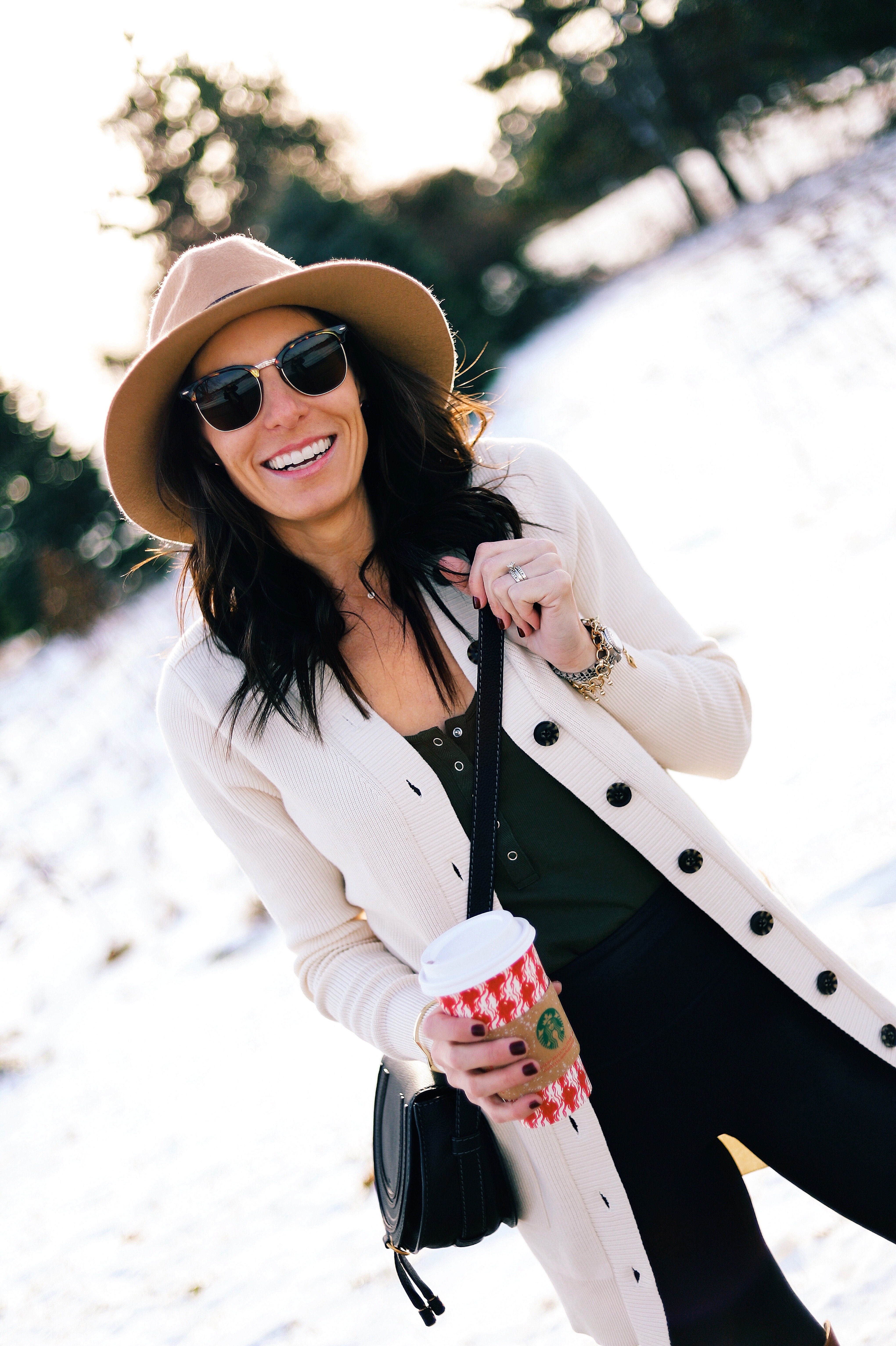Duster Cardigan Sweater Target Button Down Spanx Leggings Revolve Olive Bodysuit Urban Outfitters Hat Knee High Boots Target Clubmaster Sunglasses Chloe Mini Bag