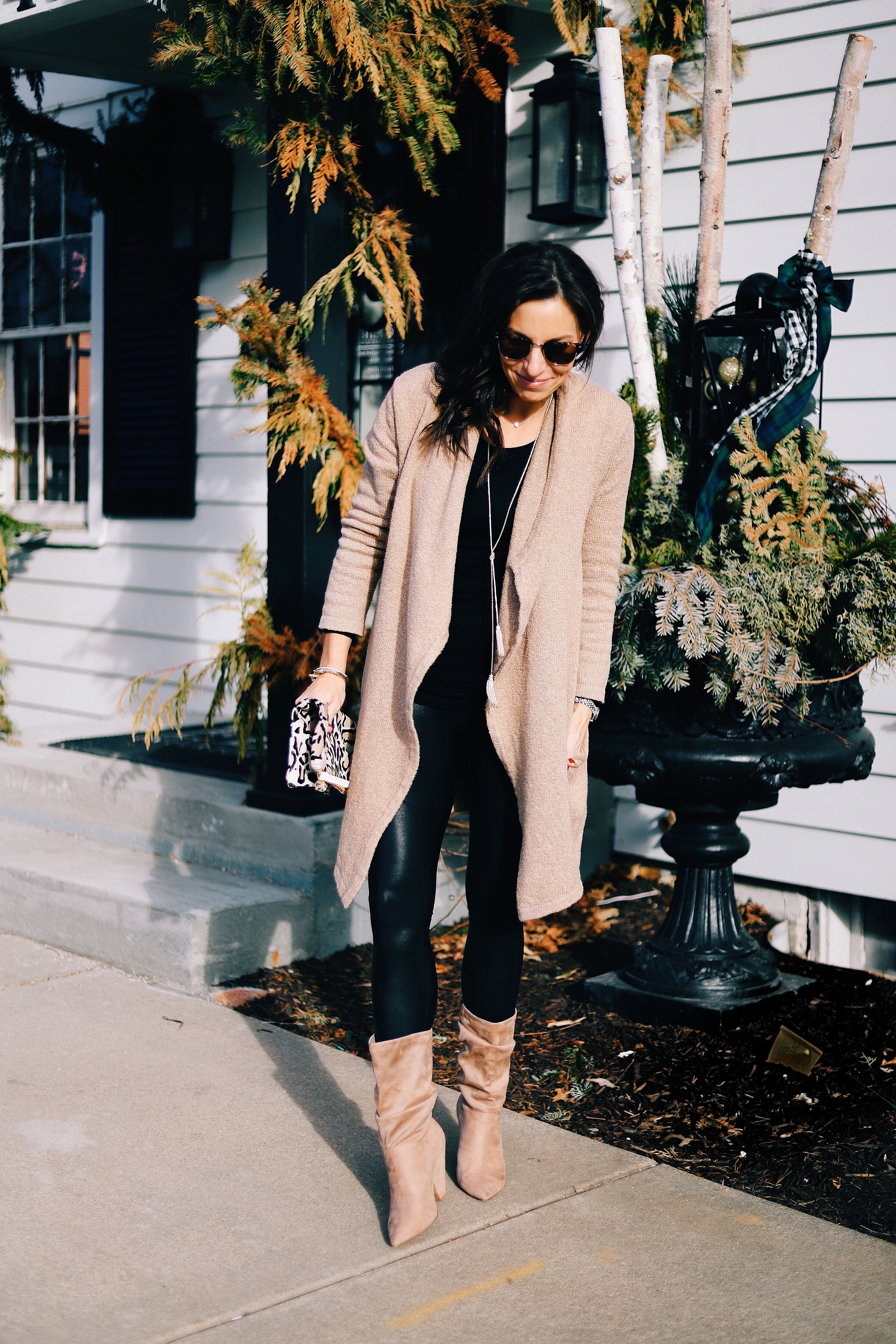Faux Leather Leggings + Open Front Cardigan Cupcakes and Cashmere Spanx Leggings Suede Boots Chinese Laundry Clare V Leopard Print Clutch Kendra Scott Lariat Rayban Clubmaster Sunglasses Black Thermal Target