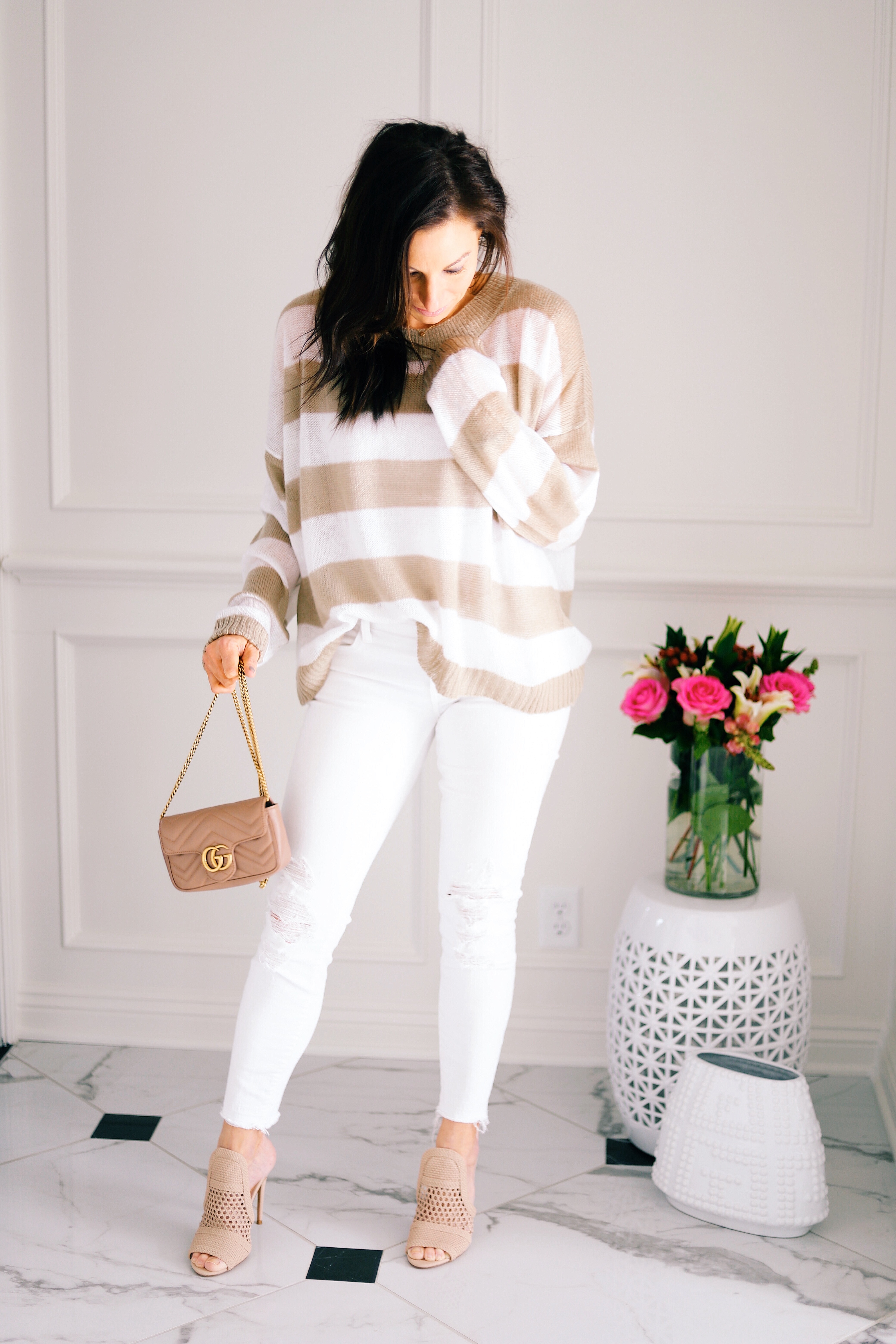 Spring Oversized Sweater Striped Sweater Knit Revolve White Jeans Nordstrom Steve Madden Heels Gucci Marmont Mini Bag 