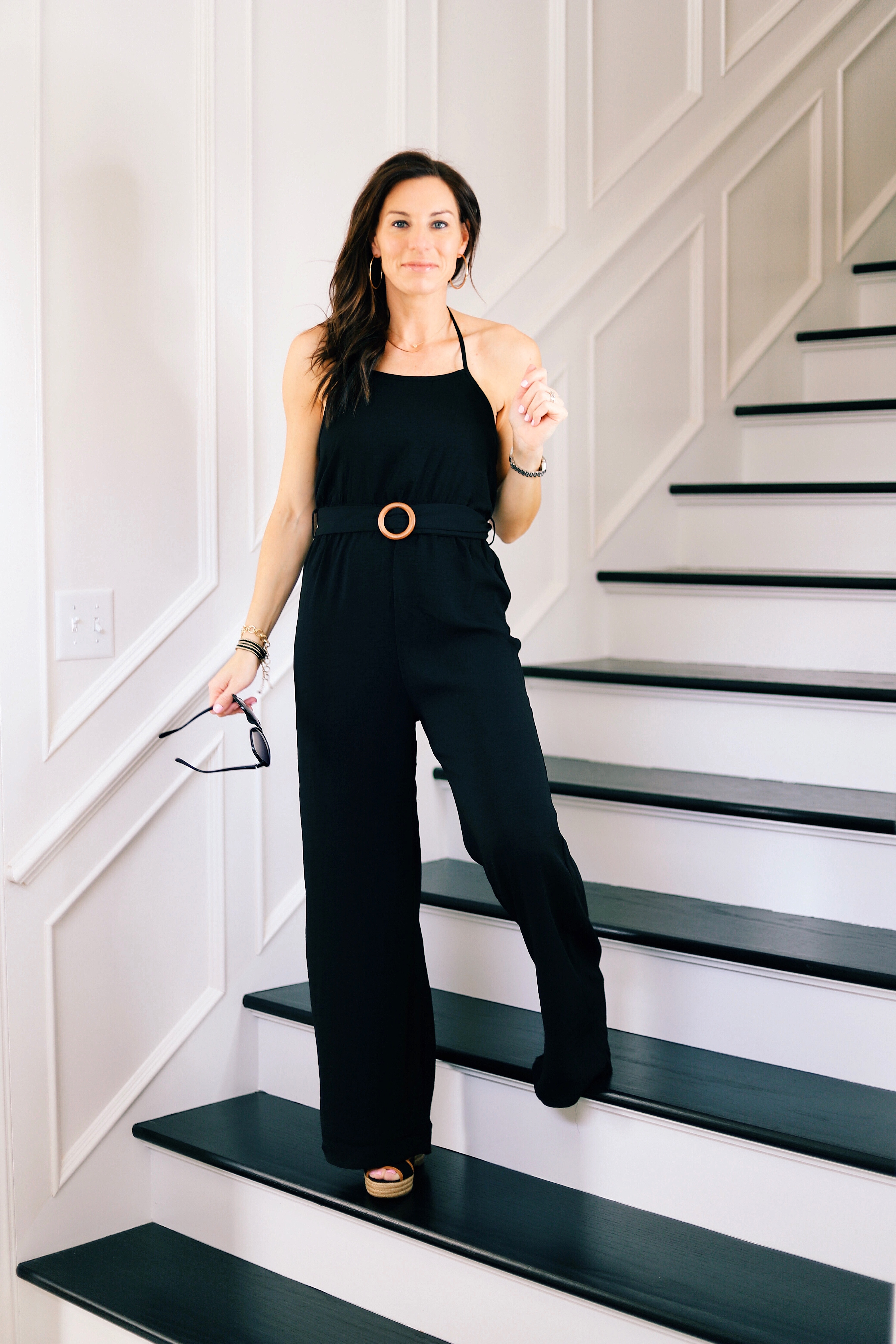 black jumpsuit with wedges