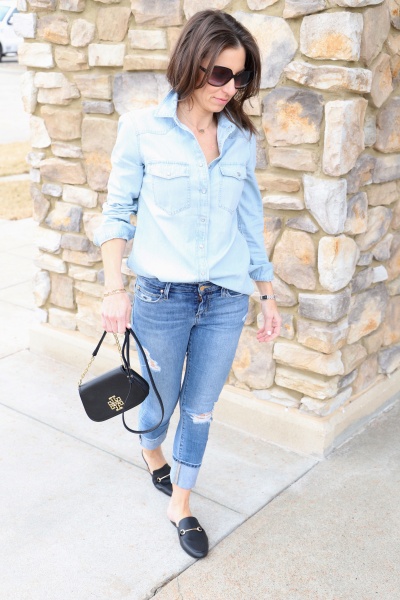 Spring chambray shirt joes jeans jcrew black mules target tory burch sunglasses spring outfits