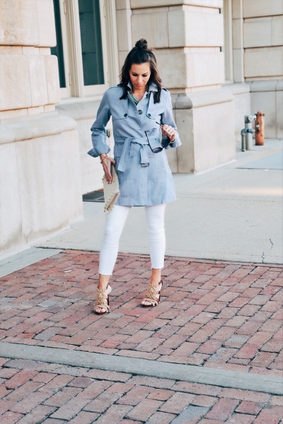 Ruffle Trim Top + Trench + White Pants // Spring Fashion // www.tinystampede.com