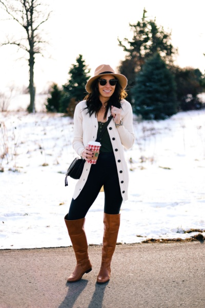 Duster Cardigan Sweater Target Button Down Spanx Leggings Revolve Olive Bodysuit Urban Outfitters Hat Knee High Boots Target Clubmaster Sunglasses Chloe Mini Bag