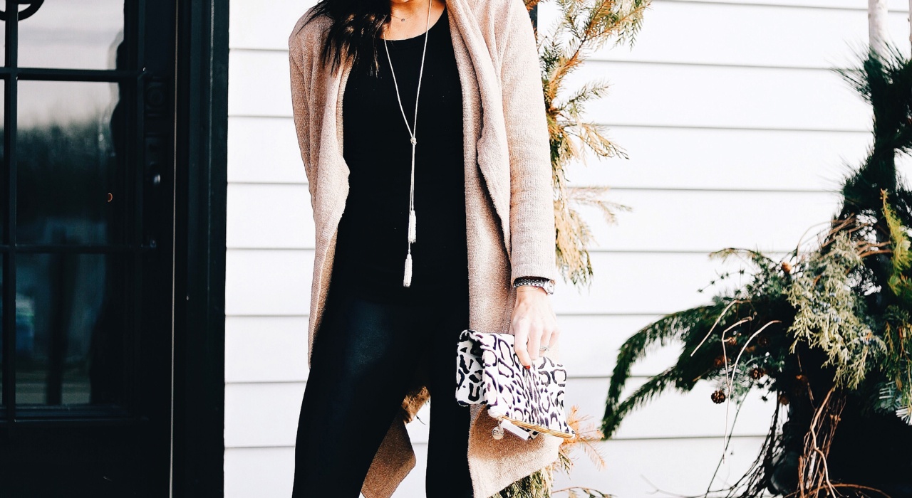 Faux Leather Leggings + Open Front Cardigan Cupcakes and Cashmere Spanx Leggings Suede Boots Chinese Laundry Clare V Leopard Print Clutch Kendra Scott Lariat Rayban Clubmaster Sunglasses Black Thermal Target