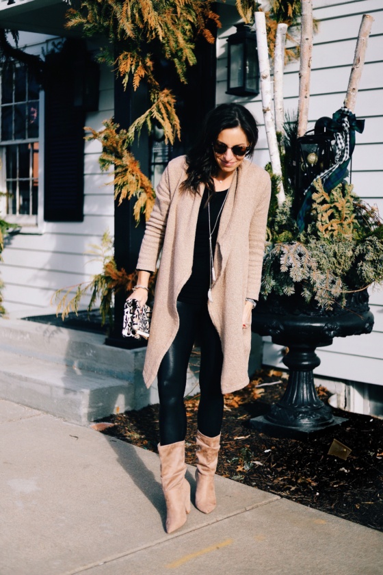 Faux Leather Leggings + Open Front Cardigan | Tiny Stampede