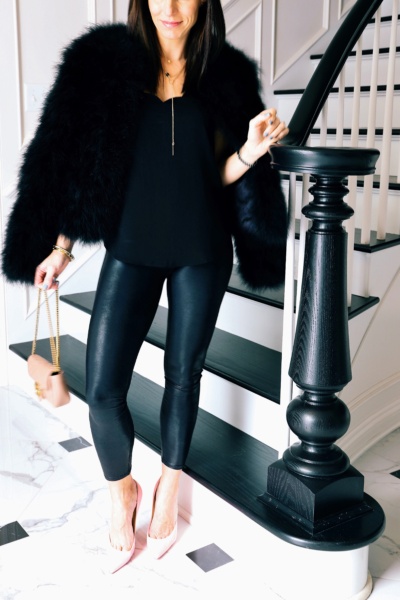 Feather Jacket x Valentine's Day Outfit Spanx Leggings Christian Louboutin Heels Gucci Marmont Mini Bag Lariat Necklace