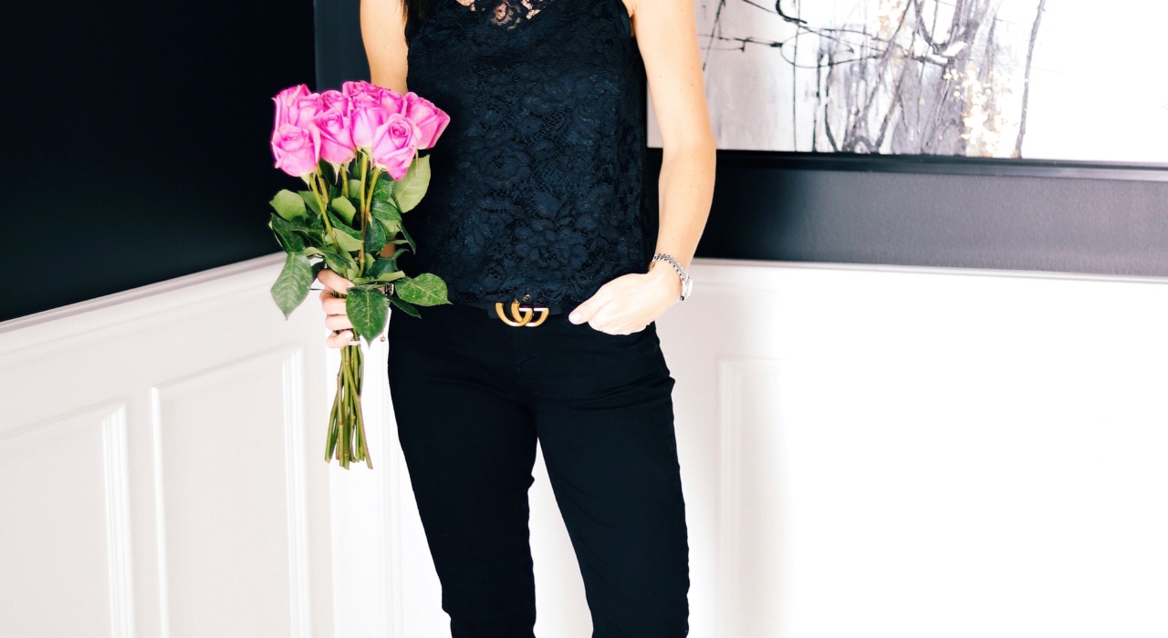 Lace Valentine's Day Top Target Lace Mock Neck Tank Top Who What Wear Black Cami Paige Verdugo Ankle black Gucci Belt Bauble Bar Earrings Ted Baker Floral Pumps