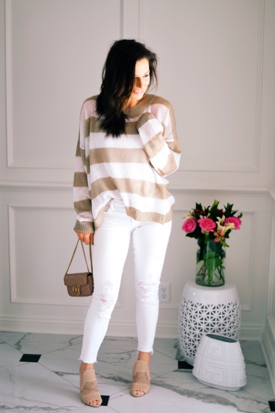 Spring Oversized Sweater Striped Sweater Knit Revolve White Jeans Nordstrom Steve Madden Heels Gucci Marmont Mini Bag